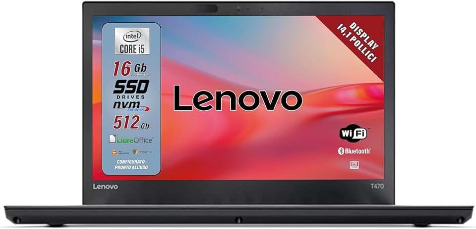 Lenovo, Pc portatile Intel Core i5 Pronto All'Uso con Pacchetto libre office, Notebook Con Display HD da 14", Ram 16Gb, SSD 512Gb, Garanzia Italiana (Ricondizionato)