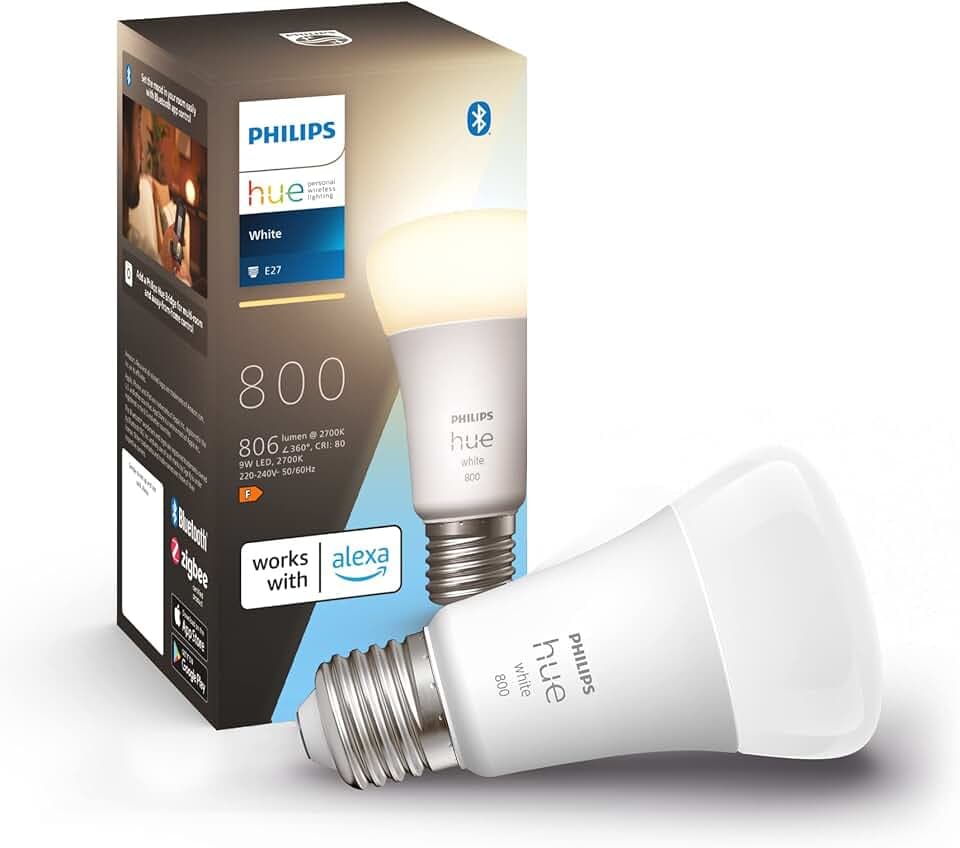 Philips Hue White Lampadina Smart LED, Attacco E27, 9 W, Luce Bianca, Dimmerabile, Controllo con Bluetooth e Hue App, Funziona con Alexa, Google Assistant e Apple HomeKit