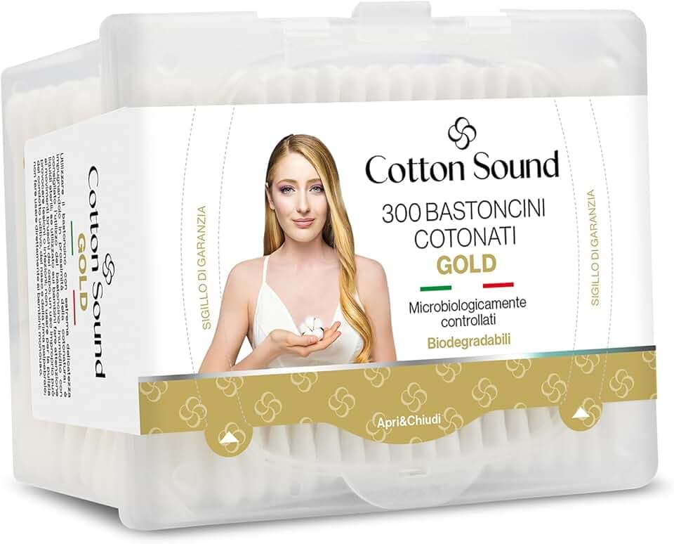 Cotton Sound GOLD Bastoncini Cotonati 1 confezione x 300 Pezzi, Scatola Apri e Chiudi, Bastoncini Cotonati in Carta Biodegradabile, 100% Puro Cotone Idrofilo, Ideali Pelli Sensibili, Made in Italy
