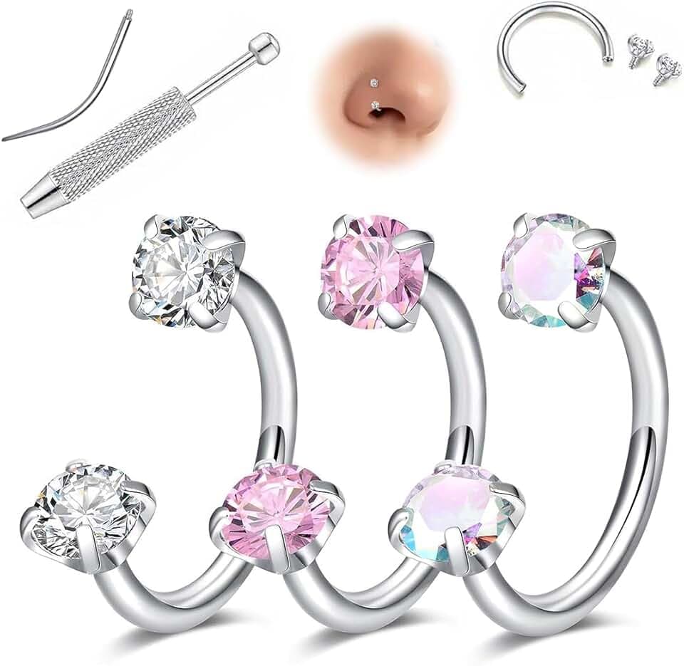 BAHME Piercing da naso a ferro di cavallo da donna, 8 mm, piercing naso, nostril, set di gioielli dorati e argento, doppi anelli a ferro di cavallo, acciaio chirurgico per elice, trago, labret