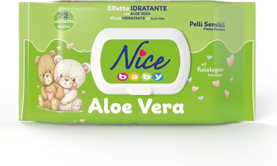 Nice Baby Aloe Vera Salviette per Cambio Pannolino, con Aloe Vera ad Effetto Idratante sulla Pelle, Dermatologicamente Testate, Confezione da 72 Salviette