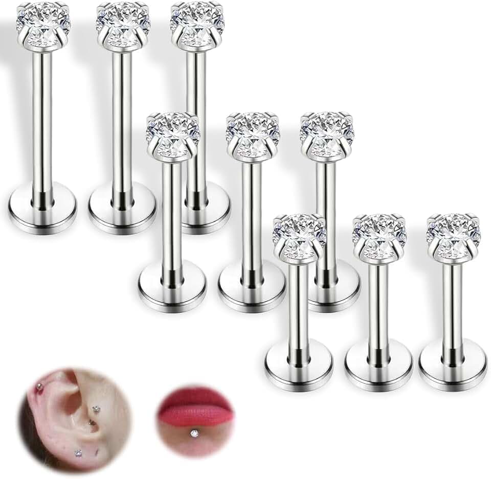 COYUN 9 Pezzi Gioielli per Piercing, Helix, Labbro, Trago, Orecchio, Naso, Brillantino, Labbro, Helix per Donna Uomo, Titanio, Acciaio Chirurgico, A Farfalla, Classico, Implant Grade