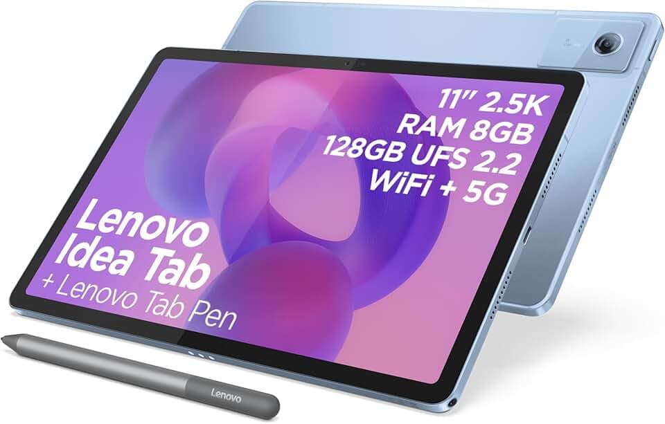 Lenovo Idea Tab Tablet - Display 11" 2.5K (2560x1600) 90Hz, Processore Mediatek Dimenity 6300, RAM 8GB, Memoria 256GB, 5G, WiFi 5, Tablet Android 15, Tab Pen inclusa - Polar Blue