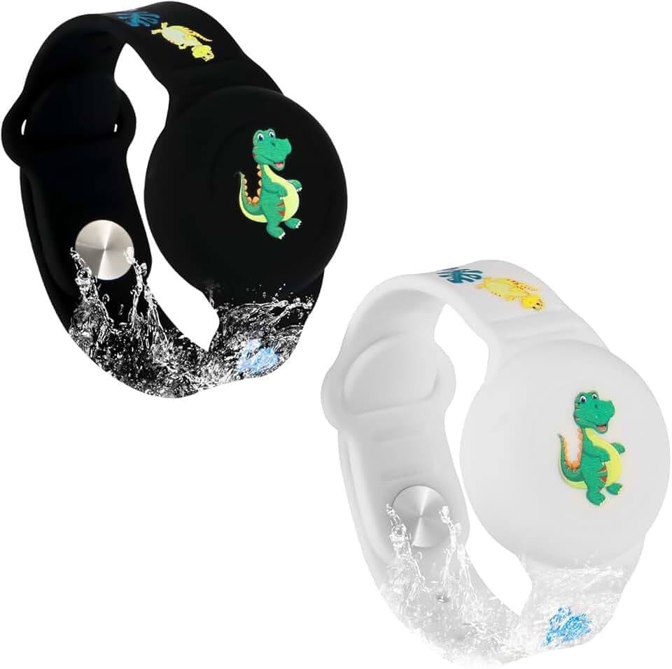 SAVITA Savita Bracciale per Airtag – Dinosauro Cartoon Pattern Braccialetto in silicone per bambini, bambini e anziani – Custodia GPS Tracker per nascondere (nero, bianco)