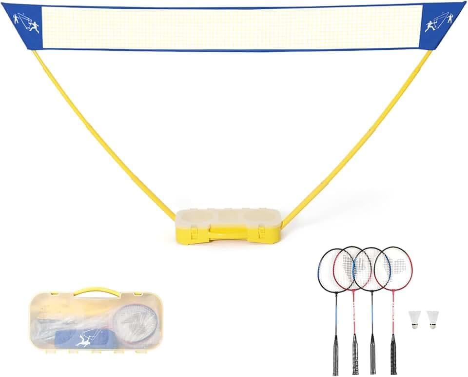 COSTWAY Set Rete da Badminton Portatile, con 4 Racchette e 2 Volani, Rete da Tennis Pallavolo 3 x 1,5m, Montaggio Facile, Set Completo per Spiaggia Parco Cortile