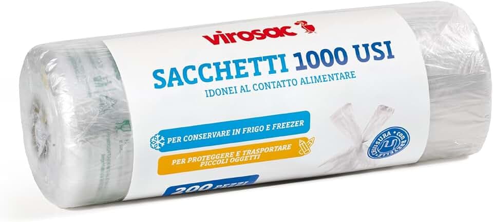 Virosac - 1000 Usi - Sacchetti multiuso a forma di shopper 34x60, 200 sacchetti per rotolo, trasparente