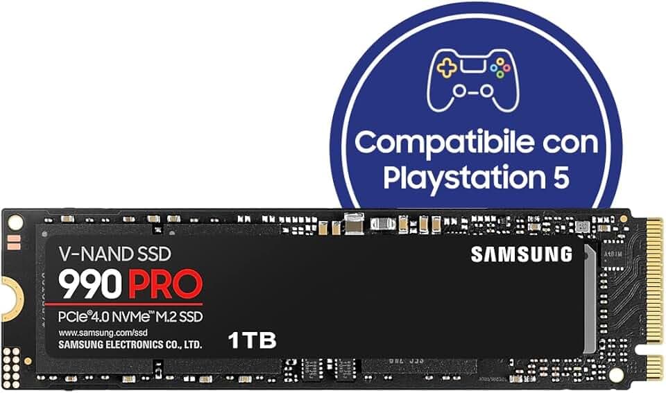 Samsung 990 PRO NVMe M.2 SSD, 1TB, PCIe 4.0, 7.450 MB/s in lettura, 6.900 MB/s in scrittura, SSD interno per giochi ed editing video, Nero, MZ-V9P1T0BW
