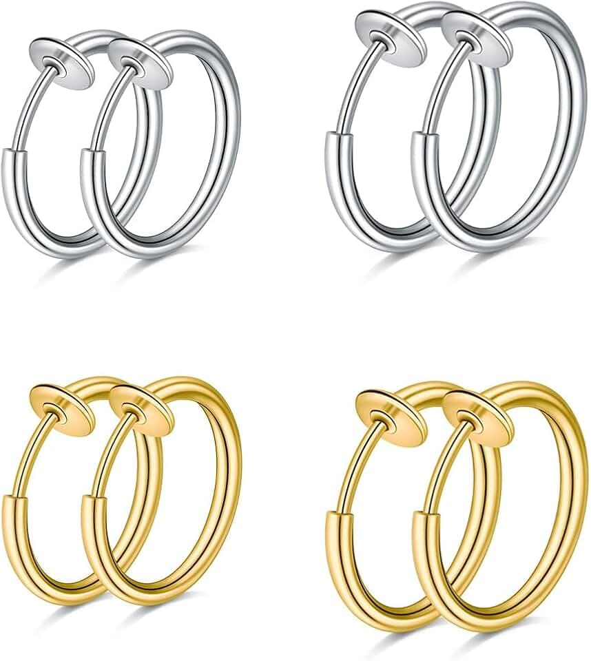WKRTDY Set di 4 paia orecchini finti senza buco in acciaio inossidabile per uomo, donna e bambina, Orecchini clip, cerchio, anello ear cuff, per creare un look moderno e senza piercing, Oro e Argento