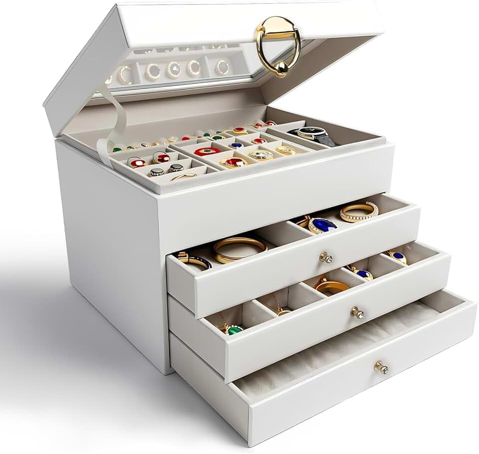 LUMITERRA LUMITERRA Scatola Portagioie Donna, 4 Ripiani in Pelle PU,Organizzatore di Gioielli di Grande Capacità, Grande Gioielli Scatola Organizer per Anelli Bracciali Orecchini Collane, Bianco