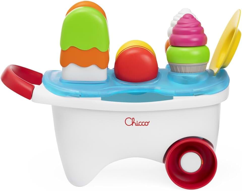 Chicco Gioco Carretto dei Gelati, Playset 2in1, Attività di impilamento e incastro, attività gioco di ruolo, pratica maniglia e ruote libere, Playset 19 pezzi per comporre deliziosi dolci, 12-36 M