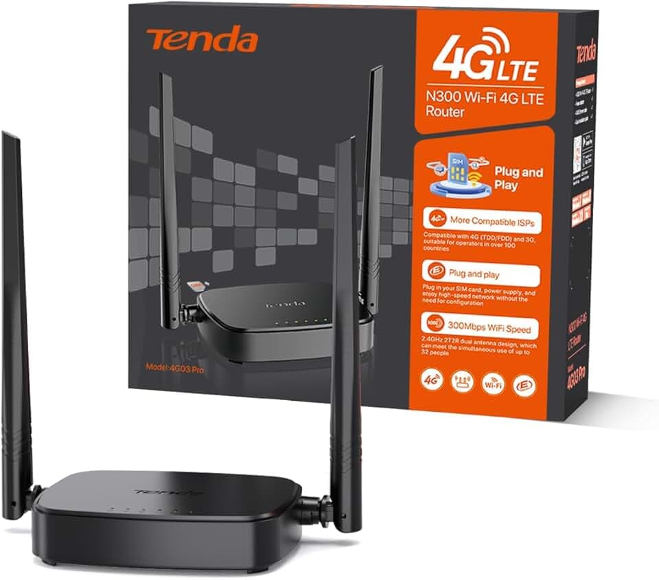 Tenda 4G03 Pro Router 4G LTE Cat4 Wireless N300Mbps, Router WiFi con SIM, Ricarica con Power Bank, Due Antenne Esterne, Porta LAN/WAN, Modem 4G SIM, Senza Configurazione, Plug&Play