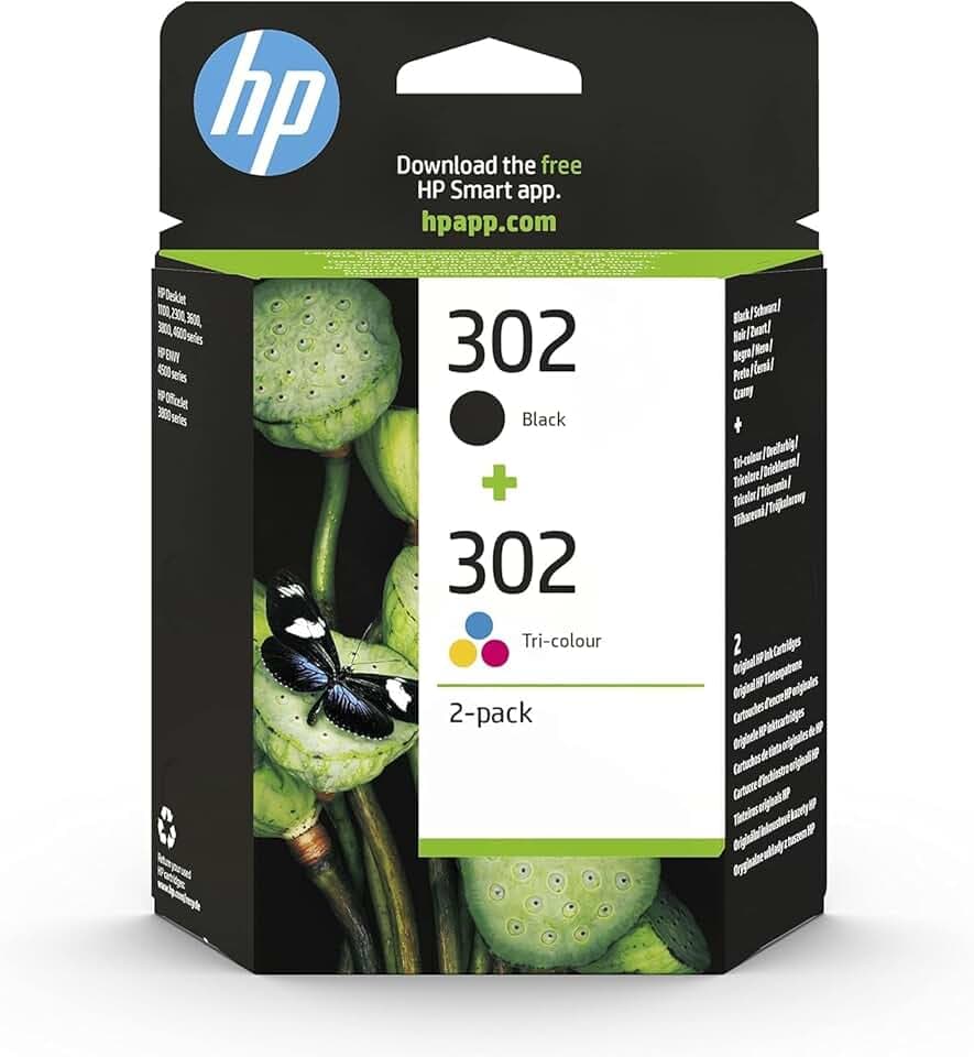 HP 302 Nero e Tricromia, X4D37AE, Confezione da 2 Cartucce Originali, Compatibile con Stampanti HP DeskJet 1110, 2130, 3630, HP Envy 4520, OfficeJet 3830, 4650, 5220, 5230 ECOLOGO