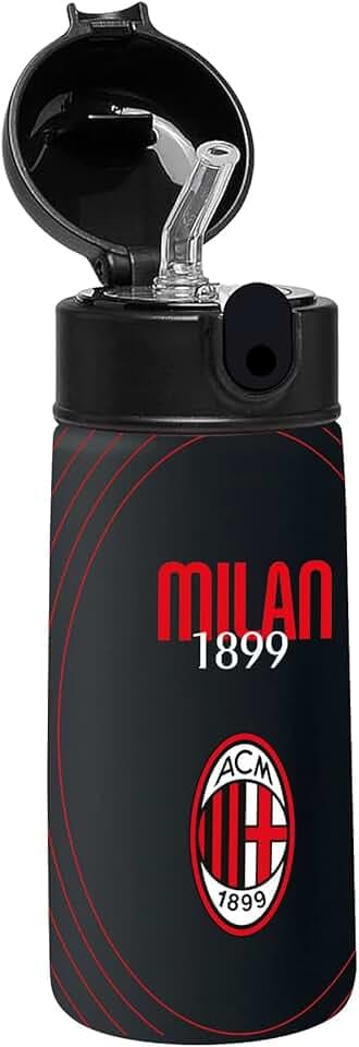 Seven Borraccia - A.C. MILAN Calcio, Nero Rosso, Borraccia Termica in Acciaio Inox Interno Esterno, Mantenimento Temperatura fino a 24h, Borraccia Scuola Bambino
