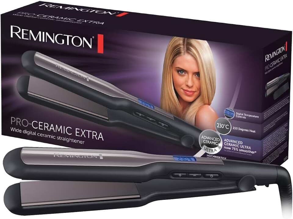 Remington Piastra per Capelli - Larga: Piastre extra larghe da 45 mm: Specifica per capelli spessi, crespi, ricci e molto lunghi - Display LCD, 150-230°C, piastra per capelli Pro-Ceramic Extra S5525