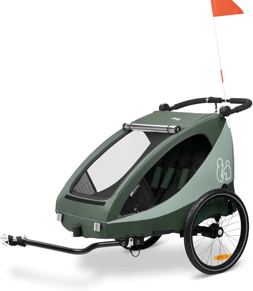 hauck Rimorchio Bici Bambini e Passeggino Dryk Duo Plus - 2 Posti (6-48 Mesi), Carrello Bicicletta Rimorchio con Timone, Ruota, Bandiera e Luce - Pieghevole, Vano XL - Verde scuro