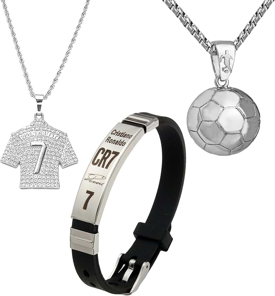 FENGCHUANG 3 Pezzi Set di Accessori da Calcio Braccialetto C r7 Braccialetto da Calcio per Ragazzi Ciondolo con Maglia Collana con da Calcio Adatto Come Regalo di Compleanno per Ragazzi