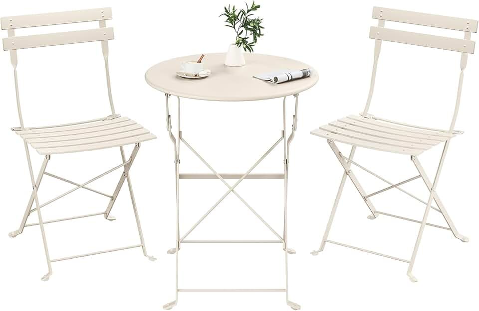 SONGMICS Set da Giardino da Esterno, 3 Pezzi, 2 Sedie, 1 Tavolo, Pieghevole, Salottino da Esterno, Acciaio, Resistente alle Intemperie, per Balcone, Terrazza, Beige Cappuccino GGF036LZ01