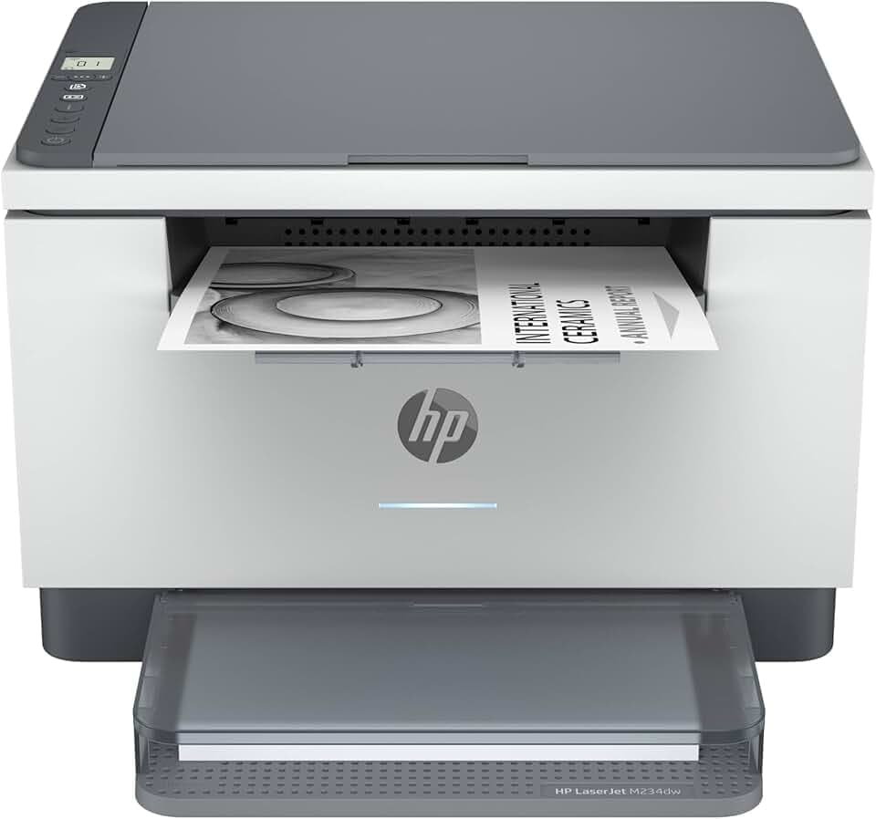 HP LaserJet M234dw 6GW99F, Stampante Multifunzione A4, Stampa Fronte e Retro Automatica in Bianco e Nero, 29 ppm, USB, Wi-Fi, Ethernet, Smart, No Fax, No ADF, Schermo LCD a icone, Grigia Blue Angel