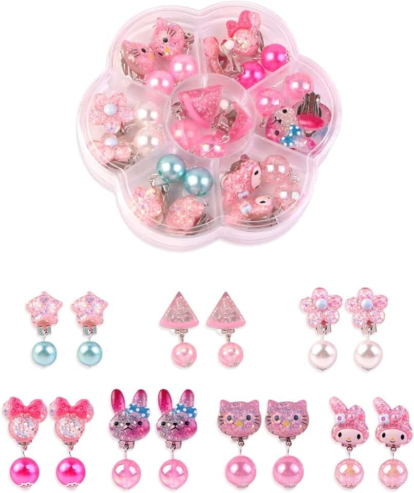XPEX 7 Paia di Clip per Orecchini da Ragazza, Clip per Orecchini Gioielli da Principessa per Ragazze, Design Senza Fori, Comodo da Indossare, Set di Gioielli per Ragazze, Bambini, Bambini Piccoli