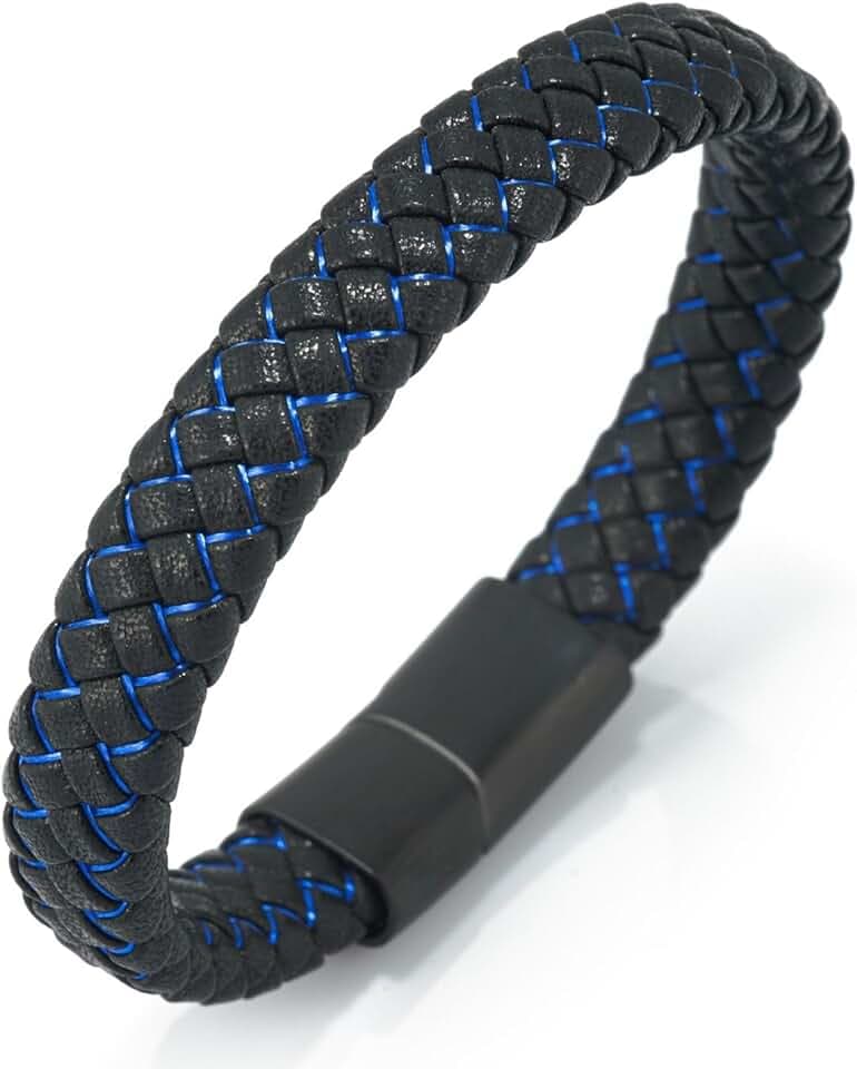 HALUKAKAH ● Jazz Junior ● Ragazzi Vera Pelle Treccia Fatta a Mano Nero mix Blu/Rosso/Verde Bracciale 6-12 Anni. Titanio Smerigliata Chiusura Magnetica Taglia Regolabile 18-19.5cm con Pacco Regalo