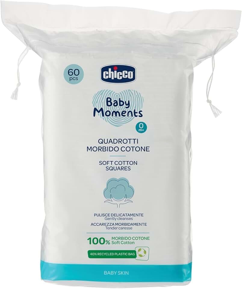 Chicco Baby Moments Quadrotti Morbido Cotone, Pulisce Delicatamente e Accarezza Morbidamente, Baby Skin, Bianco, 60 Pezzi, 0+ Mesi