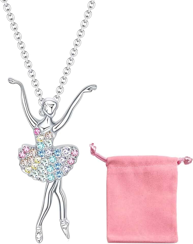 NyxSeat 1 collana in stile ballerina, 1 sacchetto per la conservazione dei gioielli, collana con ciondolo per bambini, pendente con cristallo da fata, regalo di compleanno per ragazze, in vetro