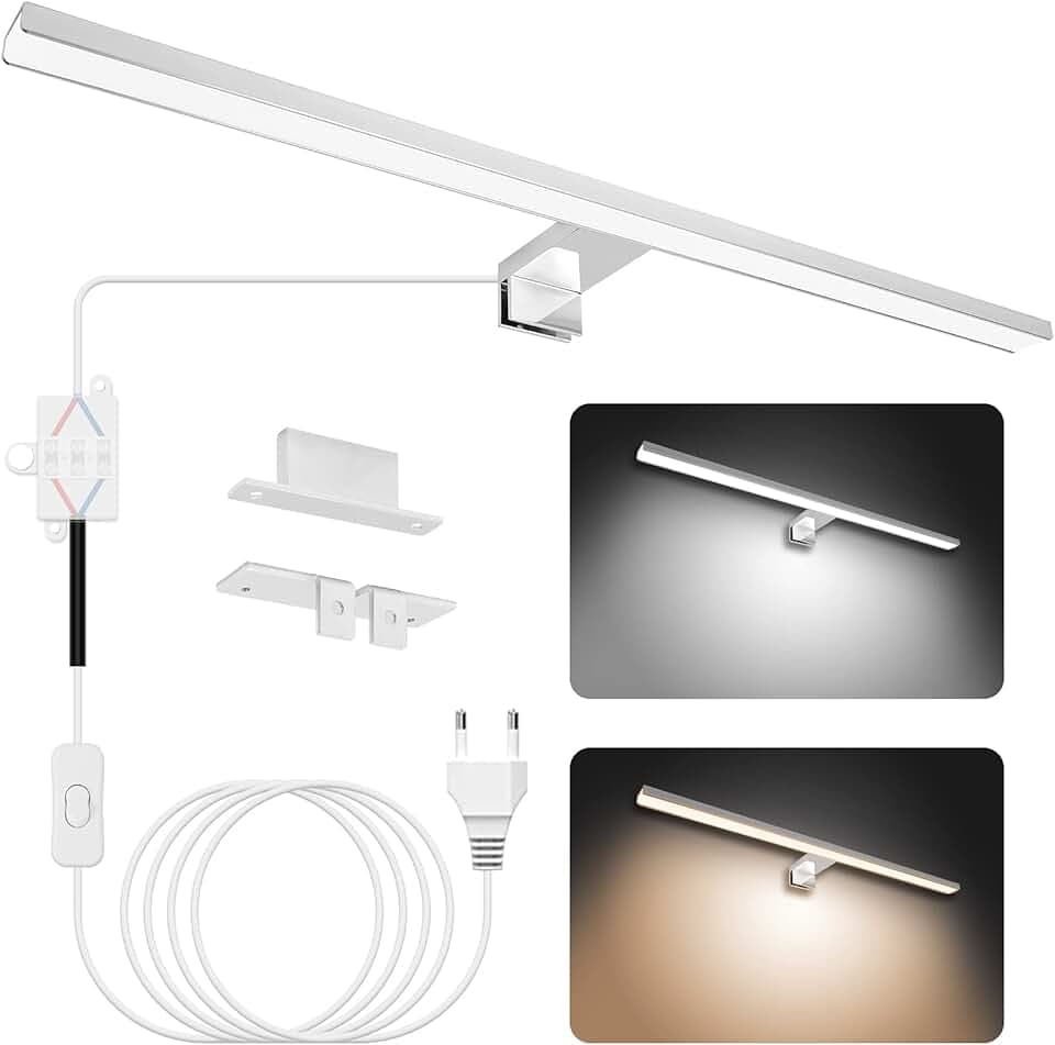 NIORSUN Luce Specchio Bagno LED 15W 60cm Doppia Temperatura Colore 4000K 6000K, Impermeabile IP44, 1500Lm, Montabile su Specchio/Mobile/Parete（Argento）