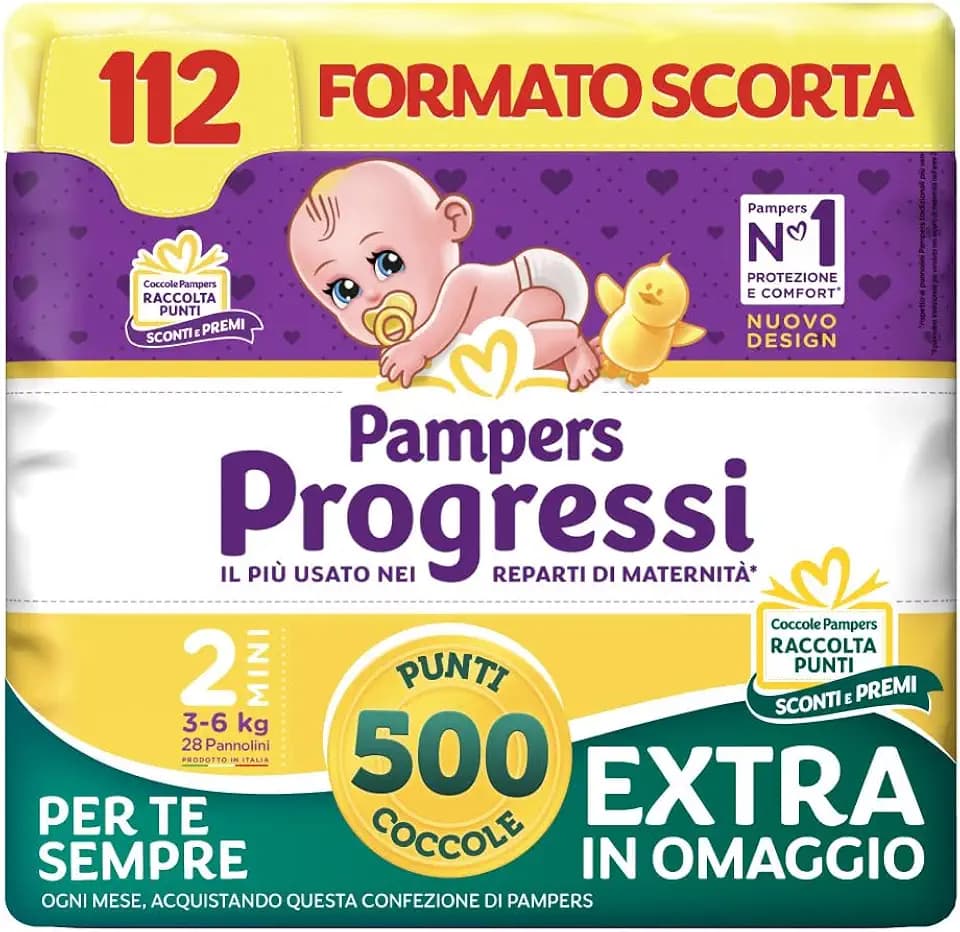 Pampers Progressi Mini, Taglia 2 (3-6 kg), Formato Scorta, Indicatore di Bagnato, Pelli Delicate, Linguette Rinforzate, Anti-Fuoriuscite, 112 Pannolini Neonato + 500 Punti Omaggio