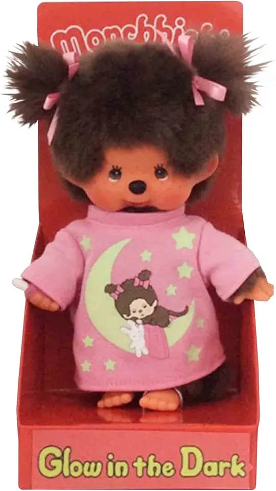 Sekiguchi 223732 - Originale Ragazza Monchhichi, in Peluche Marrone, con Camicia da Notte Rosa, Elementi Glow in The Dark e codini con Fiocchi, Alta Circa 20 cm