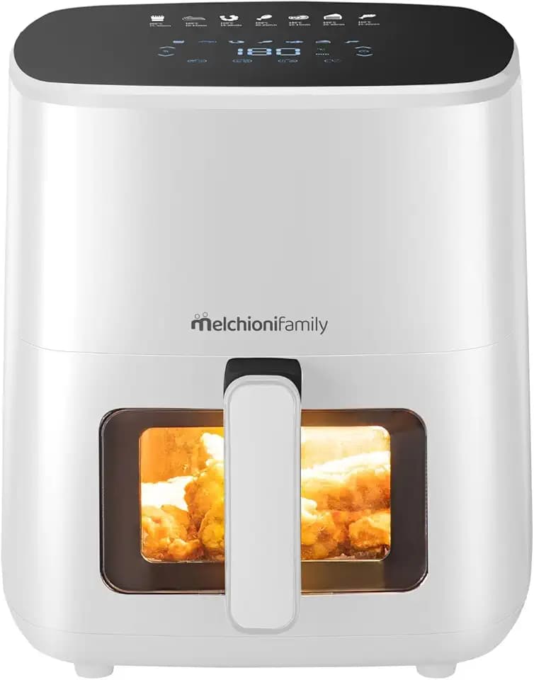 Melchioni Family | MARIANNA NEW Friggitrice ad Aria 5L Air Fryer Compatta con Contenitore Antiaderente, Display Touch, 7 Programmi, Timer 60 min, Temperatura 80°-200°C, 1500W