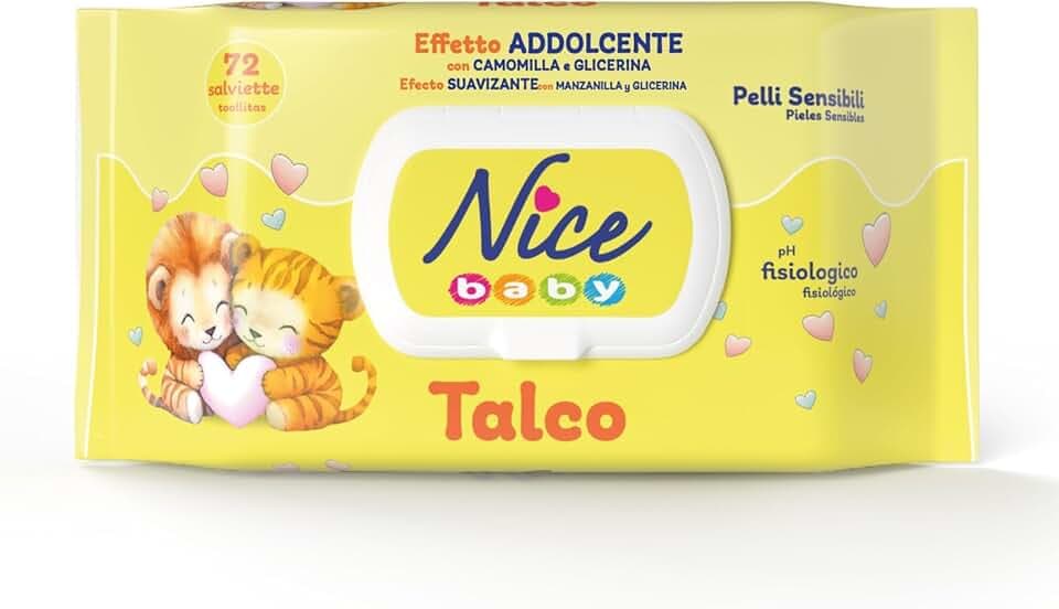 Nice Baby Talco Salviette per Cambio Pannolino, con Camomilla e Glicerina ad Effetto Addolcente sulla Pelle, Dermatologicamente Testate, Confezione da 72 Salviette,L'imballaggio può variare