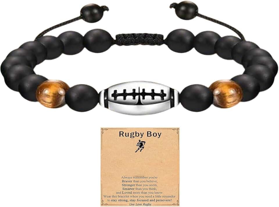 KTGUK Braccialetto da rugby per ragazzi, regolabile, con ciondolo a forma di pallone da rugby e biglietto da rugby, regalo per uomini, figlio, nipote, fratello