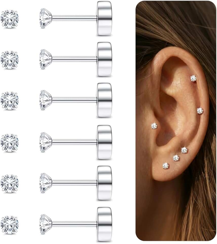 Diamday 6 paia di orecchini a cartilagine 20G per donne uomini ragazze 2-5mm Flat Back Earring Set 316L acciaio chirurgico Tragus CZ Small Helix Piercing Gioielli Ipoallergenici