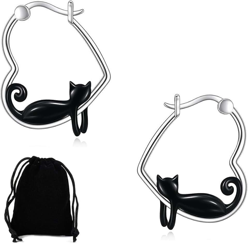 KUMSODE Orecchini a Cerchio Gatto Nero in Argento Sterling 925 Ipoallergenici - Gioielli Animali Carini S925