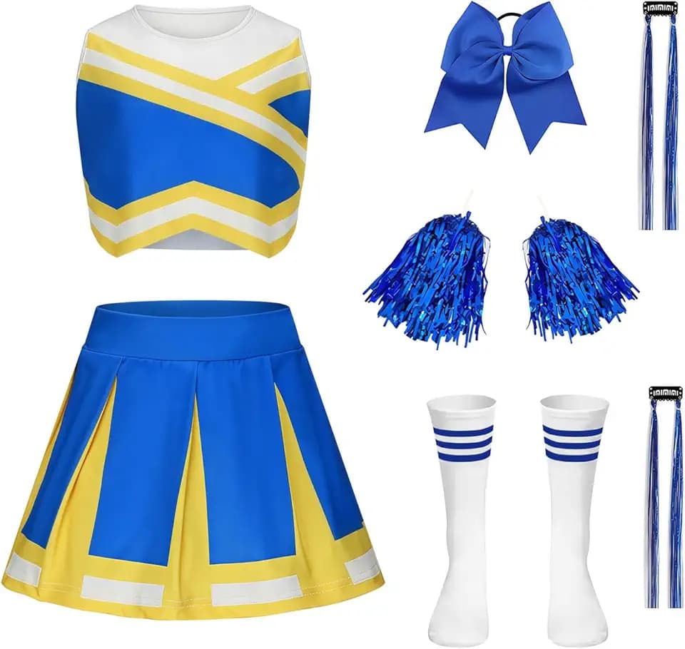 Luckyou Costume Cheerleader per Bambina Vestito Cheerleader Bambina con parrucca brillante, pompon e fiocco per Carnevale Halloween Fancy Dress Up
