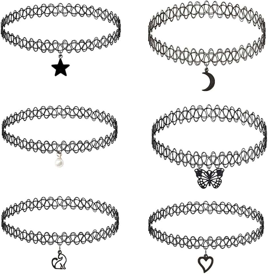 IBXWMNG 6 Pz Girocollo Collane Set Collari Elasticizzati Per Ragazze Ragazze Bambini Donne, Collana Tatuaggio Elasticizzato Vintage Moda, Collana Vintage alla Moda, avec pendente Nero,per ragazzi e ragazze