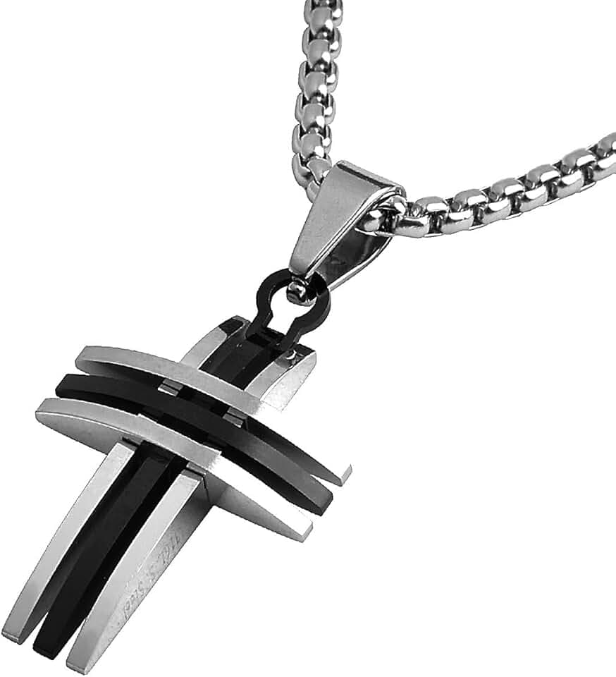 DonDon Collana Uomo con Ciondolo Triplo Curvo Bicolore Croce in Acciaio Inox 52 cm Argento e Sacchetto in Velluto