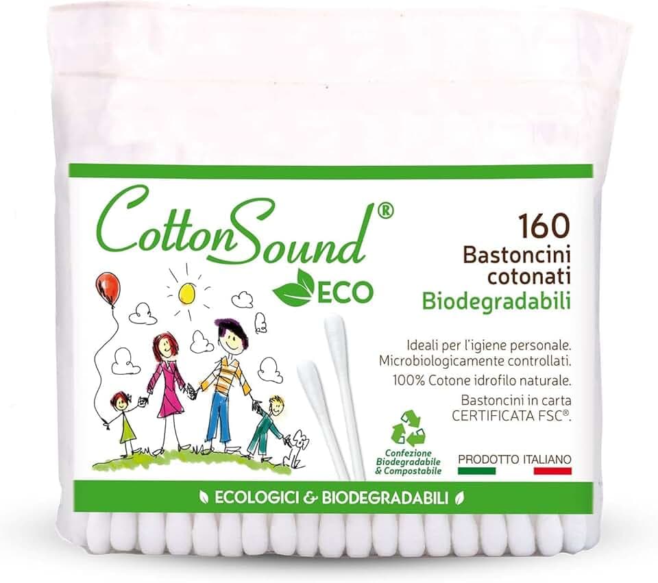 COTTON SOUND ECO Bastoncini Cotonati Busta 1 confezione x 160 Pezzi, Bastoncini Cotonati Ecologici e Biodegradabili, 100% Puro Cotone Idrofilo, Busta Compostabile, Made in Italy