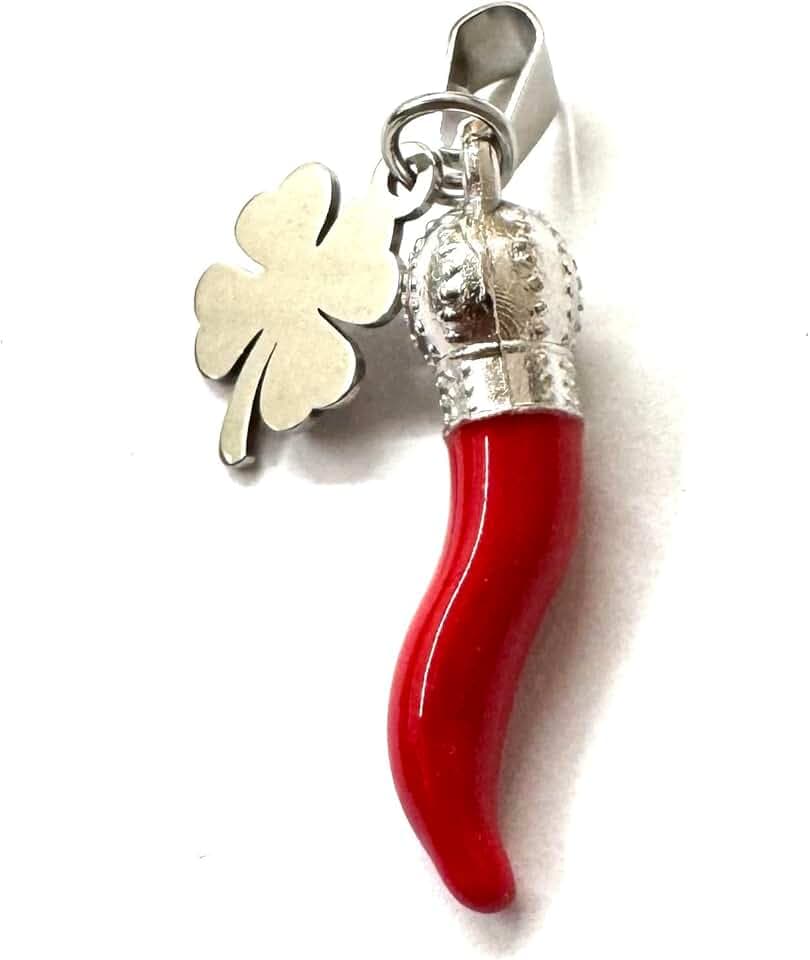 MODA MavillA Ciondolo in Acciaio con Corno Rosso e Quadrifoglio E ciampa cavallo