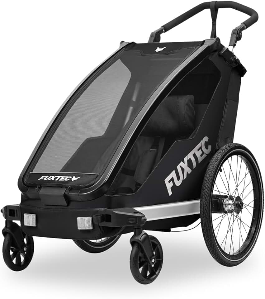 FUXTEC Rimorchio per Bici FX-FA1S – Carrello 1 Posto per Bambini con Cintura di Sicurezza – Pieghevole con Parasole e Parapioggia Inclusi – Telaio Leggero e Robusto