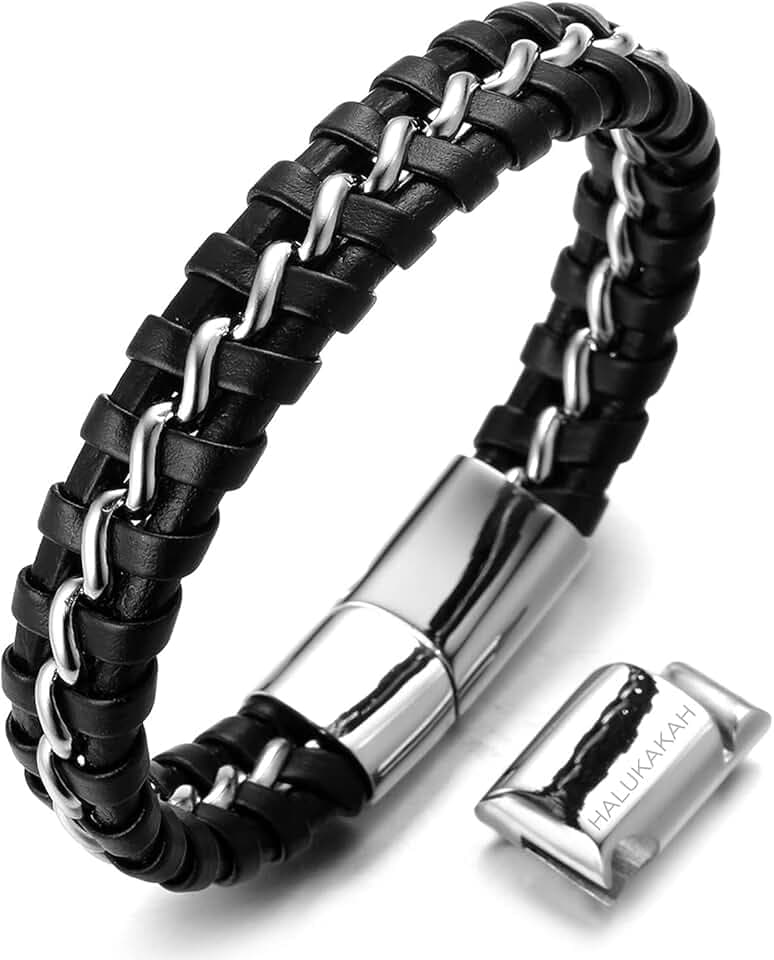 HALUKAKAH Bambini ● Solo Junior ● Bracciale Ragazzo Maschio Vera Pelle Cuoio Nero 6-12+3 Anni Catena Titanio Acciaio Argento Chiusura Magnetica Taglia Regolabile 18-19.5cm con Pacco Regalo Gratuita