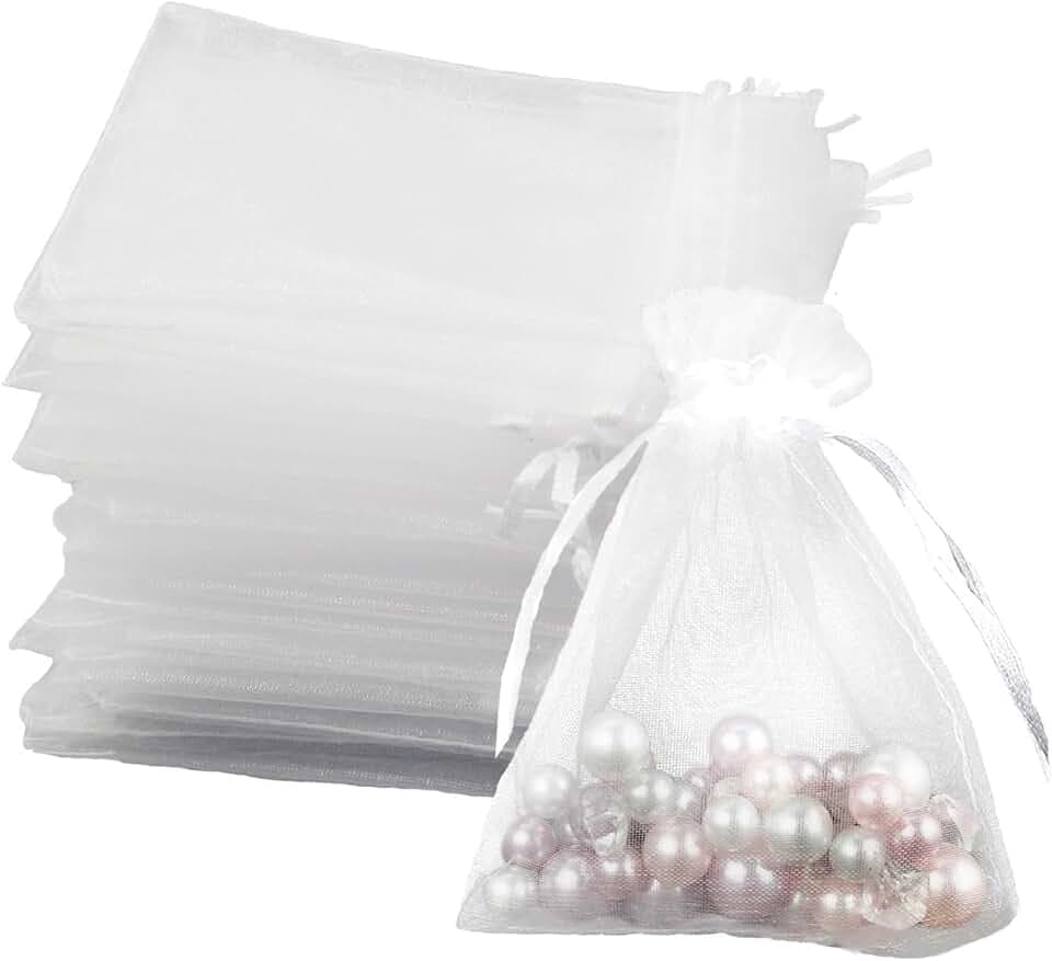 Leylve Leylve 100 Sacchetti in Organza 7 X 9 cm per Confetti, Bomboniere, Matrimonio, Lavanda - Ideali per Comunione, Battesimo, Feste di Festival (Bianco)