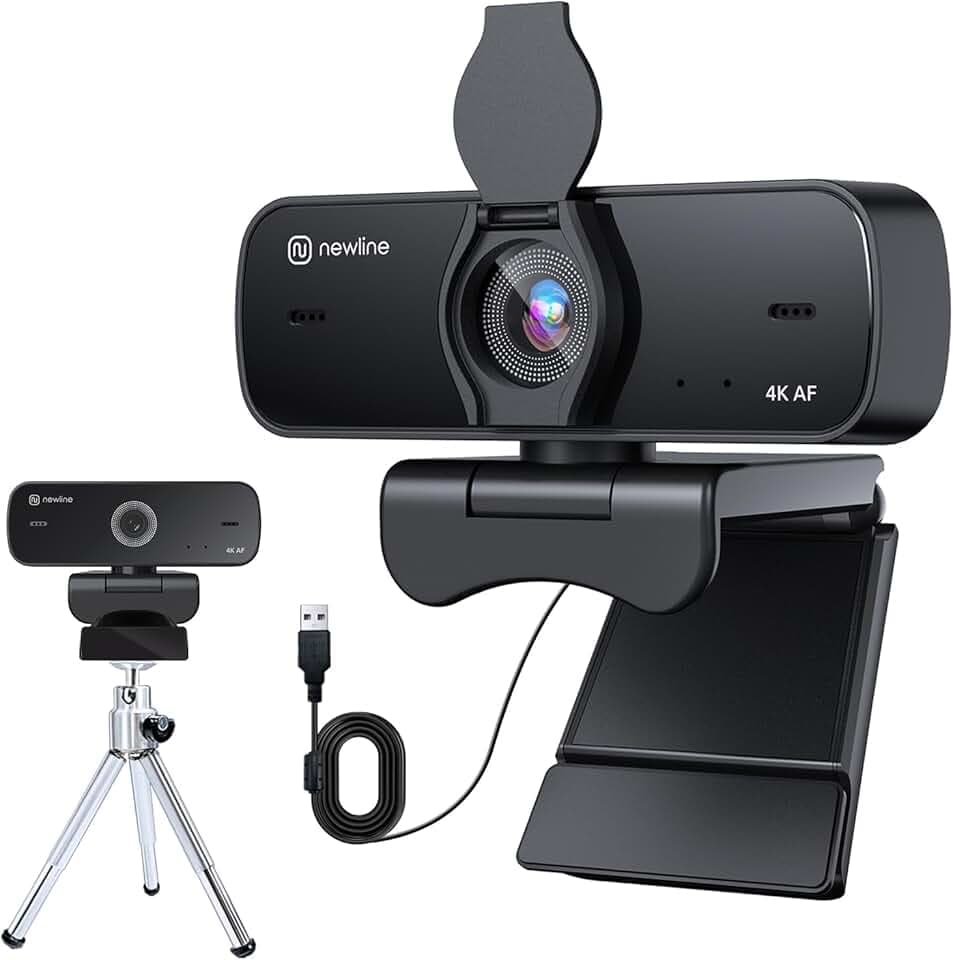 NewlineWork Webcam 4k PC con Doppio Microfoni con Cancellazione del Rumore, Auto-Focus, Correzione Luce, con Privacy Shutter e treppiede, USB 2.0 UHD Webcam per PC Mac Desktop Skype Streaming ClimatePartner certified