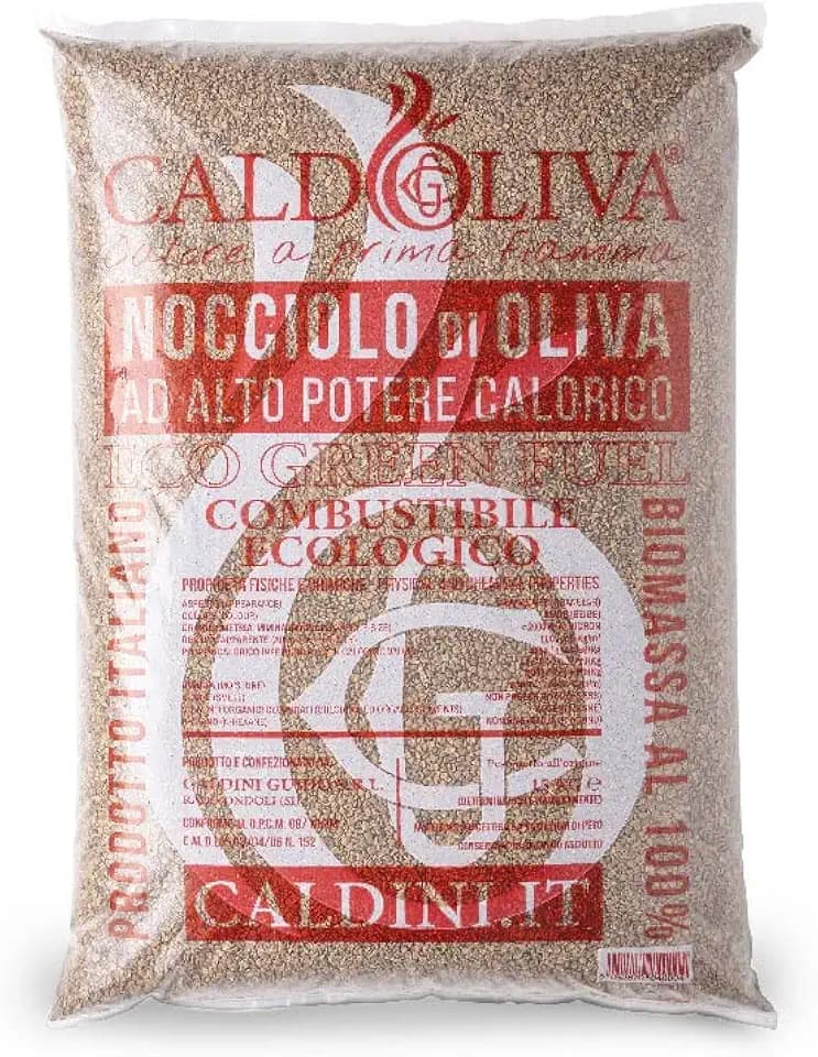 Nocciolo di oliva CALDOLIVA® ad alto potere calorifico - Sacco da 15 kg per TEST STUFA/CALDAIA - Combustibile ecologico Biomassa al 100% Eco Green Fuel Prodotto Italiano