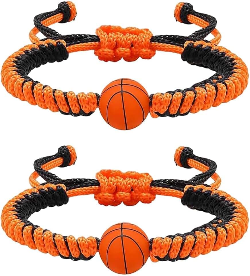 WIRZUL 2 Pezzi Braccialetto dell'amicizia, Corda nera e arancione, Ciondolo Pallacanestro in Silicone 3D, Bracciale da basket per ragazzi, Un per gli amanti del pallacanestro