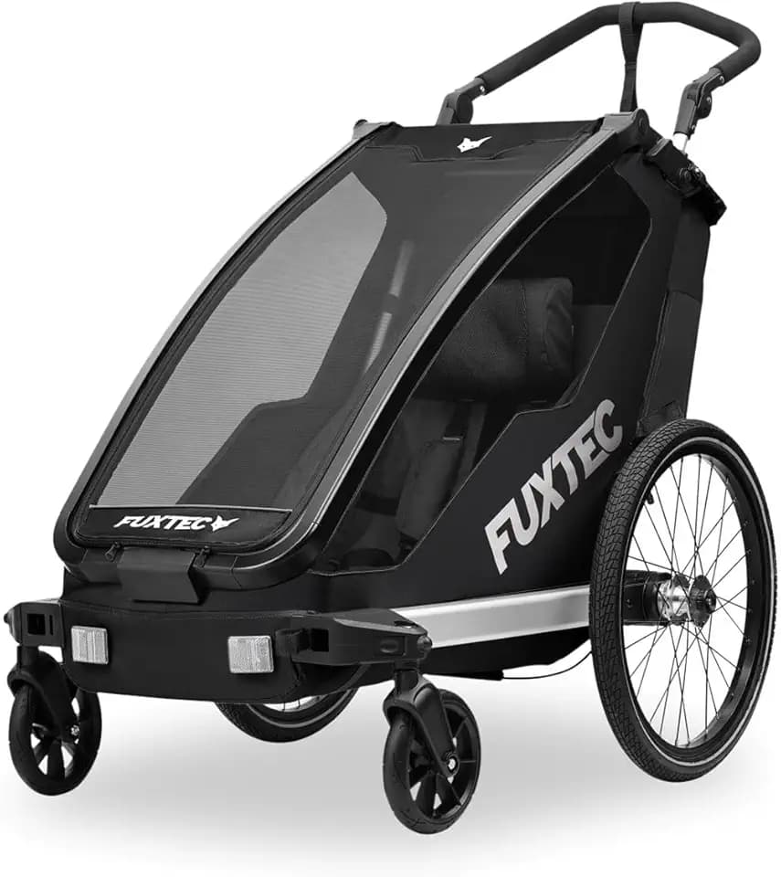 FUXTEC Rimorchio per Bici FX-FA1S Nero – Carrello 1 Posto per Bambini con Cintura di Sicurezza – Pieghevole con Parasole e Parapioggia Inclusi – Telaio Leggero e Robusto