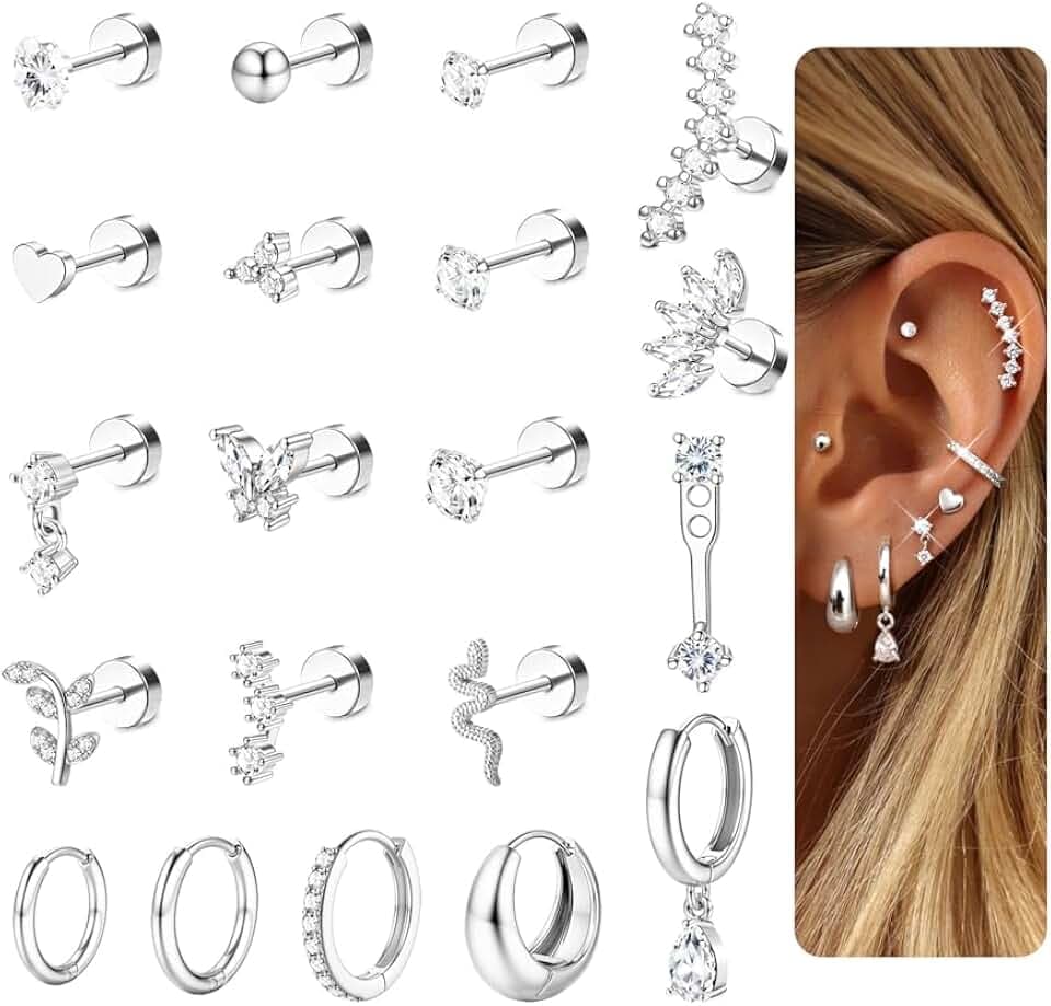 LOLIAS 20Pcs Piercing Orecchio Acciaio Chirurgico Set Orecchio Donna Orecchini Cerchio Piccoli Orecchini a Bottone Conch Piercing Cartilagine Orecchini Piercing Trago Helix Piercing Argento Oro