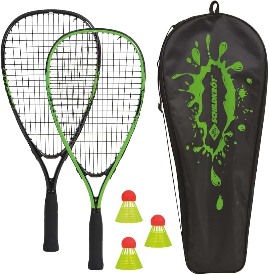 Schildkröt Set da Speed Badminton, 2 Pratiche Racchette in Alluminio, Lunghezza 54,5 cm, 3 Volani Resistenti al Vento, Borsa di Qualità Verde/Nero, 970906