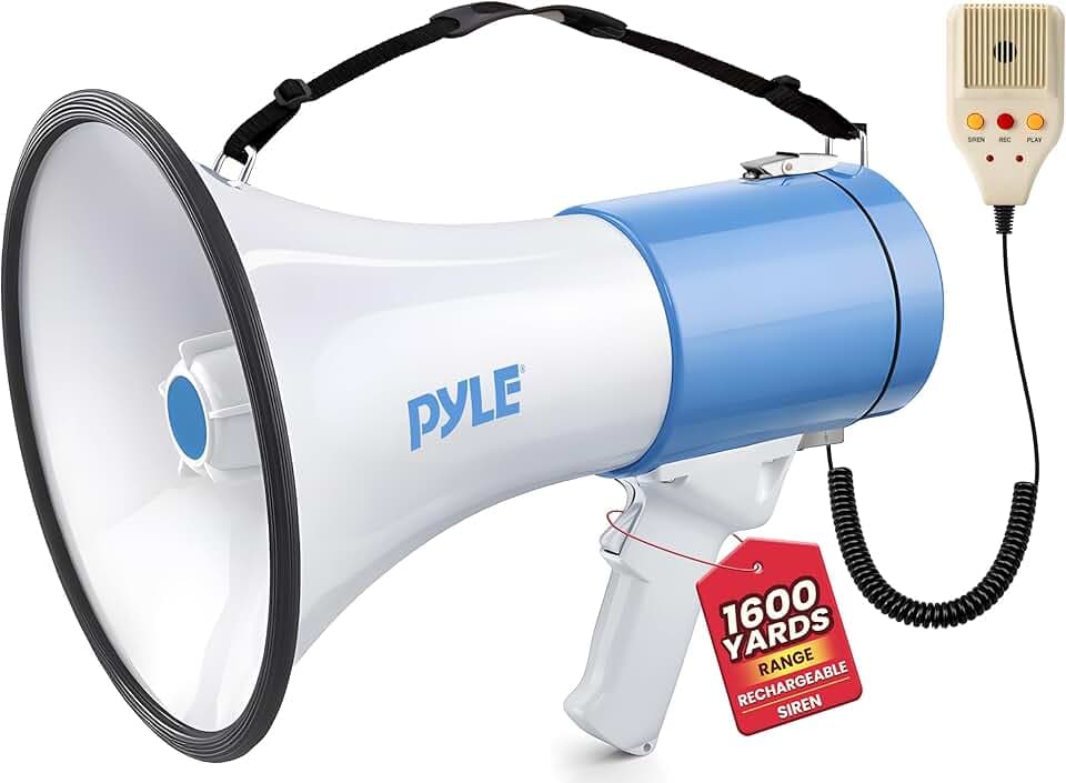 Pyle Megafono Portatile PA, Megafono Sirena Integrata 50 Watt Batteria Ricaricabile, Funzione di Registrazione 10 Sec per Sport e Sicurezza