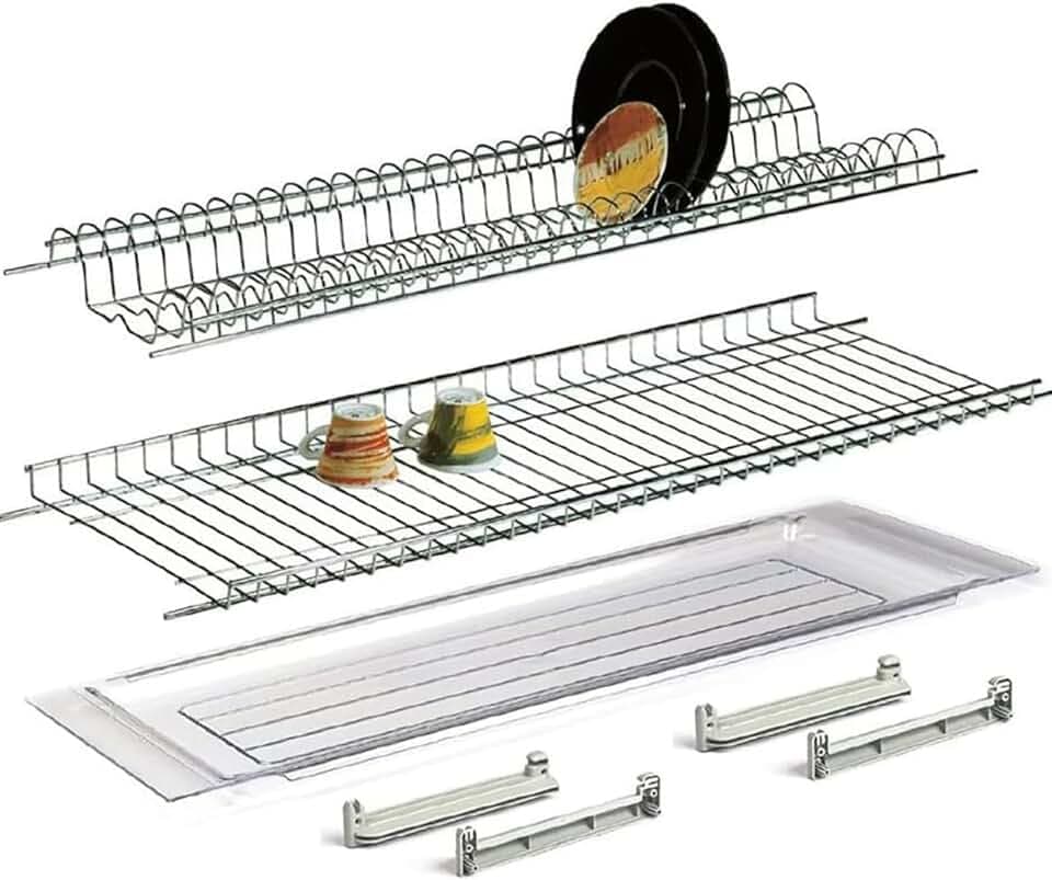 Scolapiatti 86 cm in acciaio cromo protetto – Vaschetta raccogli gocce + griglia bicchieri – Kit incasso pensile 90 cm VI.TEL.